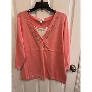 Quacker Factory XL Sweater Coral White Rhinestone Detail 3/4 Sleeve New​